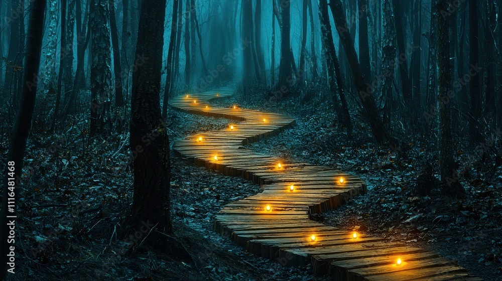 Obraz premium Mysterious journey through a haunted forest path with flickering lights guiding the way enigmatic atmosphere fantastical viewpoint unearthly concept for seo impact