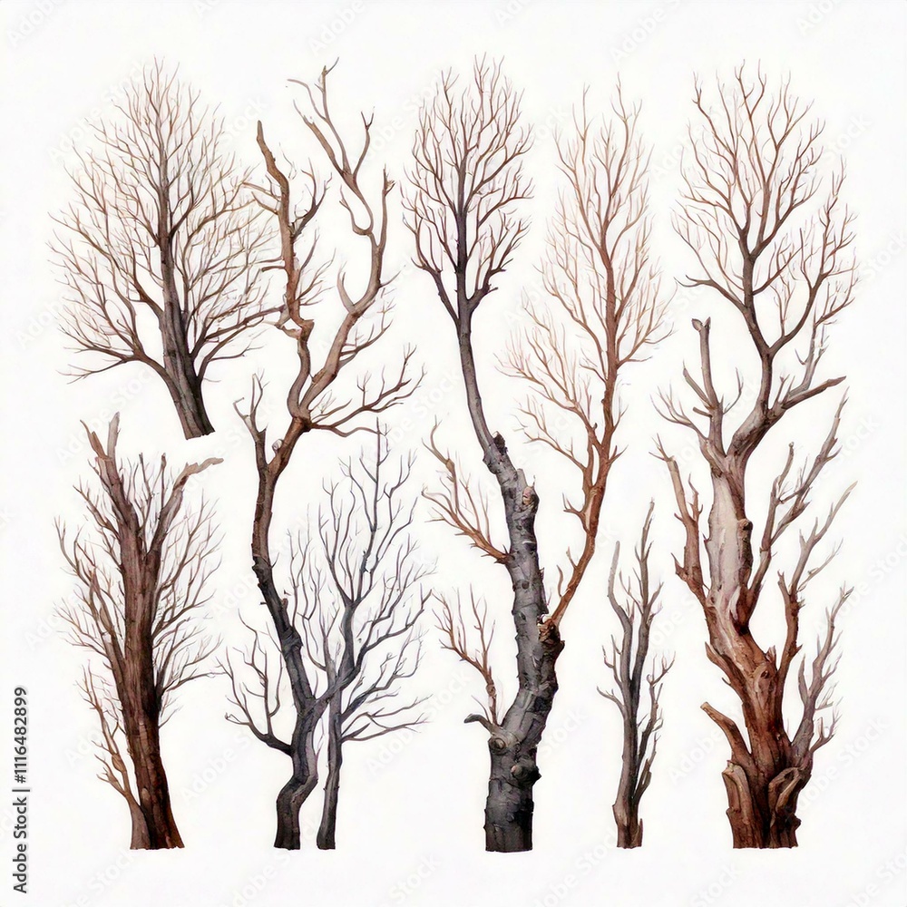 Obraz premium Watercolor dry tree branches set closeup isolated on white background. Hand painting on paper