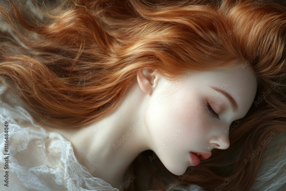 Dreamy portrait of a young woman with flowing red hair resting peacefully on a soft surface Dreamy portrait of a young woman with flowing red hair resting peacefully on a soft surface