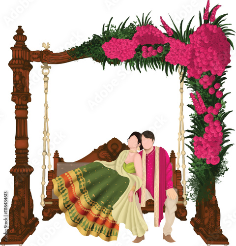 MEHENDI COUPLE PORTRAIT SITTING ON WOODEN SWING