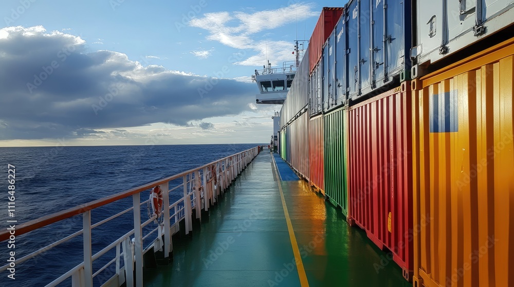 Fototapeta premium Close-up of colorful cargo containers on a ship deck, showcasing organization and international trade
