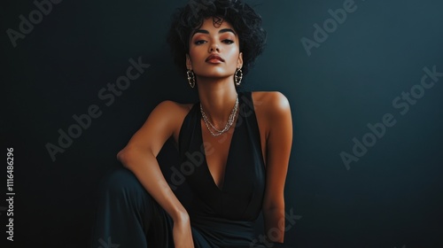 A woman wears a chic modern jumpsuit with a deep neckline, striking a confident pose against a dark background. Her accessories enhance the contemporary look, showcasing her style