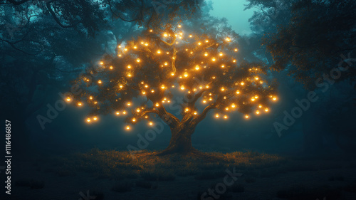 Enchanting Tree Illuminated by Warm Lights in a Mystical Forest.A large tree, adorned with numerous warm-toned lights, stands majestically in a dense, misty forest at night.