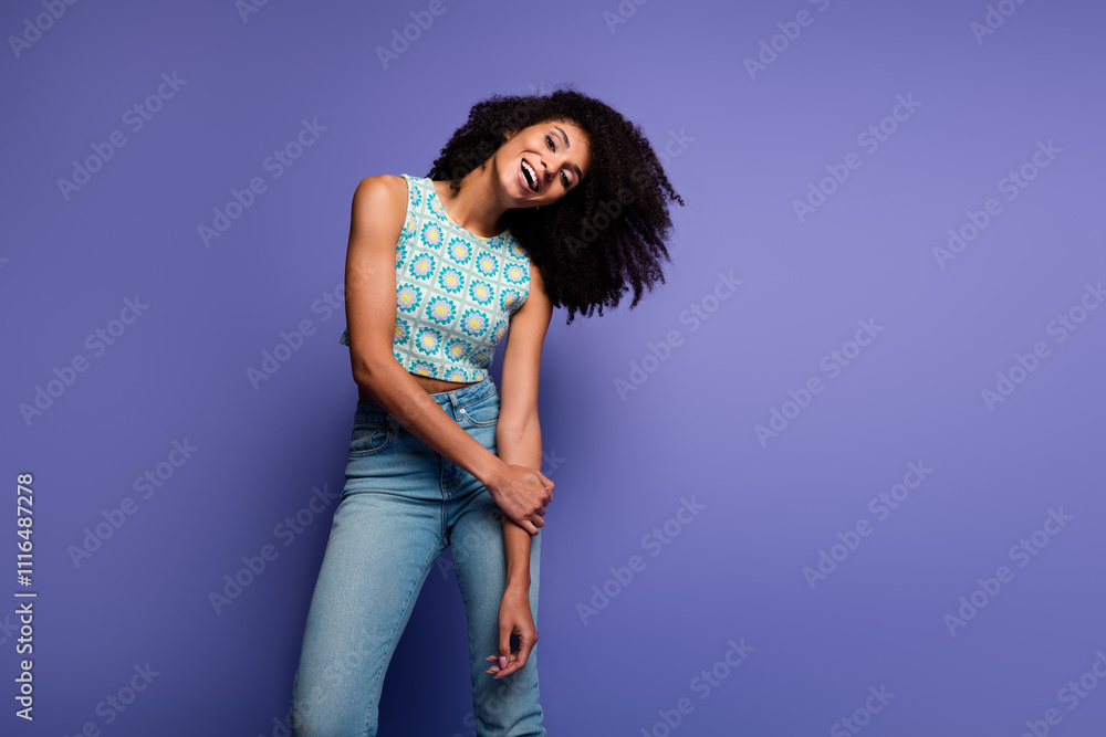 Joyful young woman in stylish summer outfit posing with purple background, showcasing vibrant personality and joyful expression Joyful young woman in stylish summer outfit posing with purple background, showcasing vibrant personality and joyful expression
