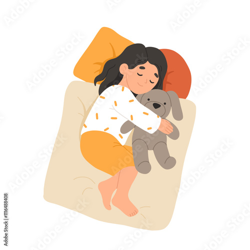Child sleeping in bed. Calm kid asleep, lying and dreaming at night. Cute little baby girl with dog toy, sweet children relaxing on pillows. Flat cartoon vector illustration of nap time.