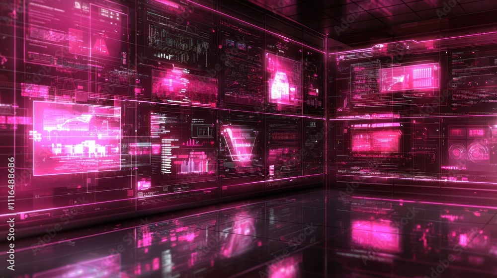 Fototapeta premium Futuristic Pink Digital Command Center: A Visualization of Advanced Technology and Data Analysis