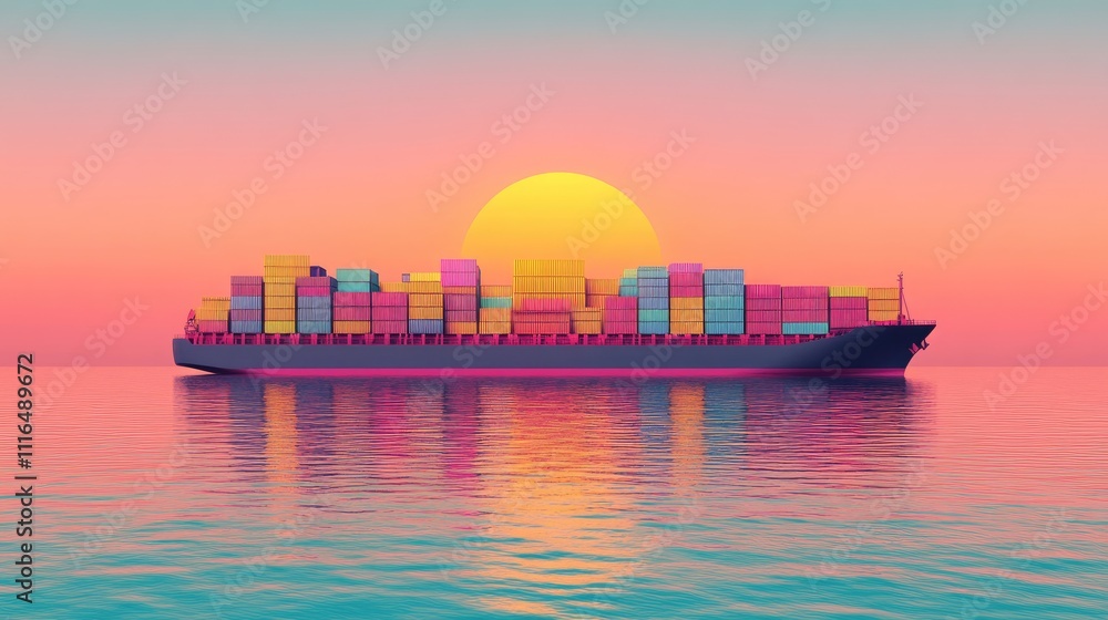Naklejka premium Massive container ship with vibrant cargo containers stacked symmetrically, floating in a serene ocean at sunset, maritime logistics concept