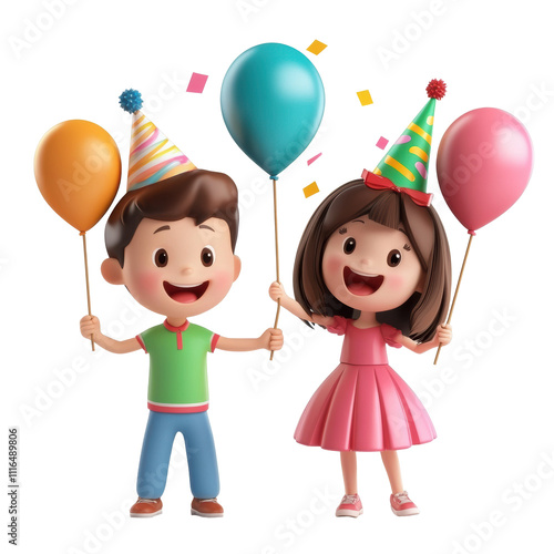 Happy children celebrating with colorful balloons at a party on isolated background