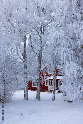 Rotes Haus in Schweden im winter