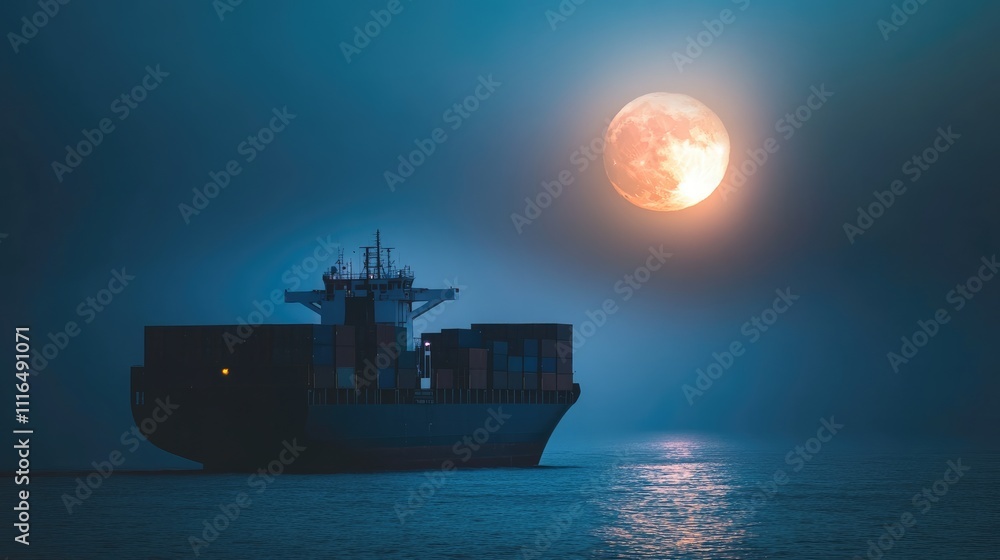 Fototapeta premium Minimalist container ship silhouette against a full moon, symbolizing global connectivity and mystery