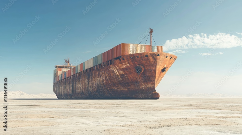 Fototapeta premium Rusty, abandoned container ship stuck in a desolate desert, illustrating a forgotten trade era