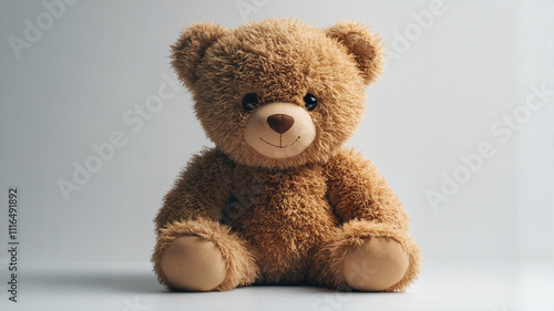 A fluffy teddy bear with a friendly face sits quietly, bathed in soft light