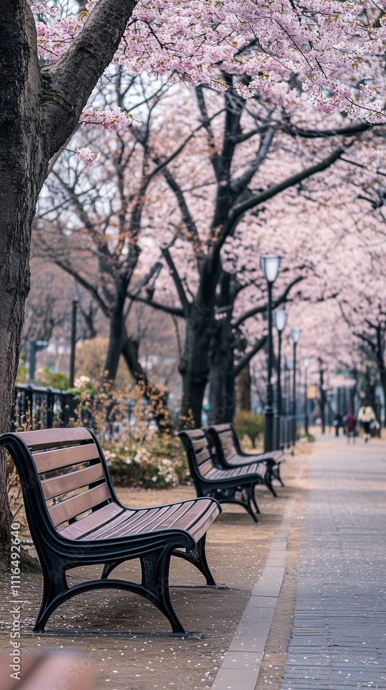 Cherry Blossoms Blooming in a Modern Park with Benches Cherry Blossoms Blooming in a Modern Park with Benches