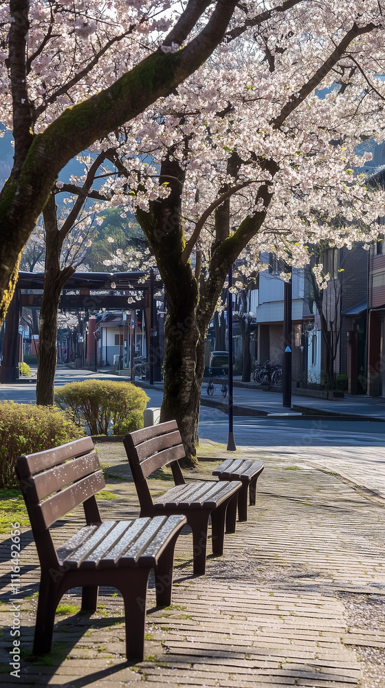 Cherry Blossoms Blooming in a Modern Park with Benches Cherry Blossoms Blooming in a Modern Park with Benches