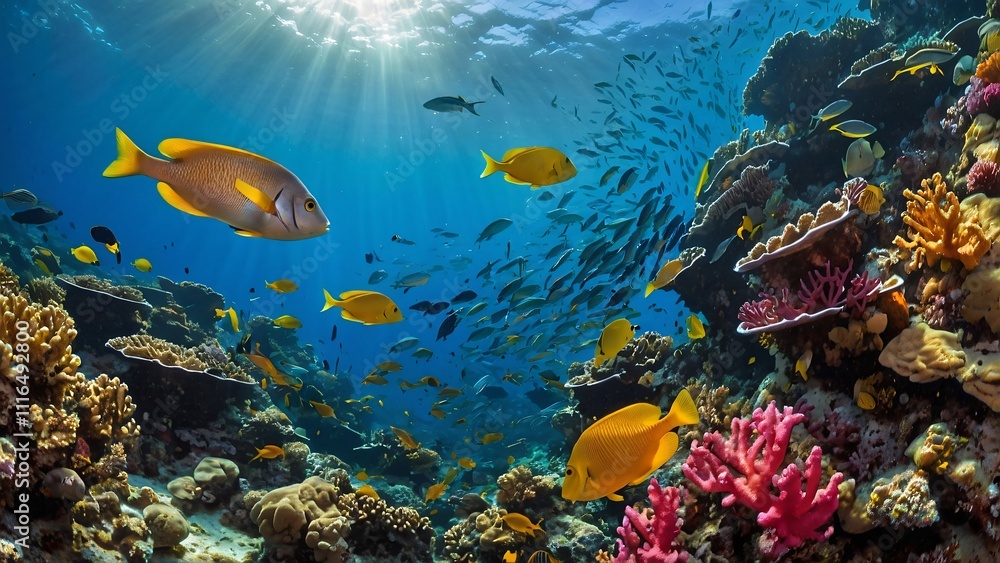 A group of fish swimming over a colorful coral reef in the ocean A group of fish swimming over a colorful coral reef in the ocean