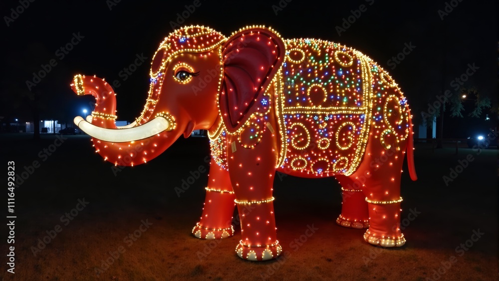 Obraz premium Colorful illuminated elephant statue adorned with festive lights in a night festival setting