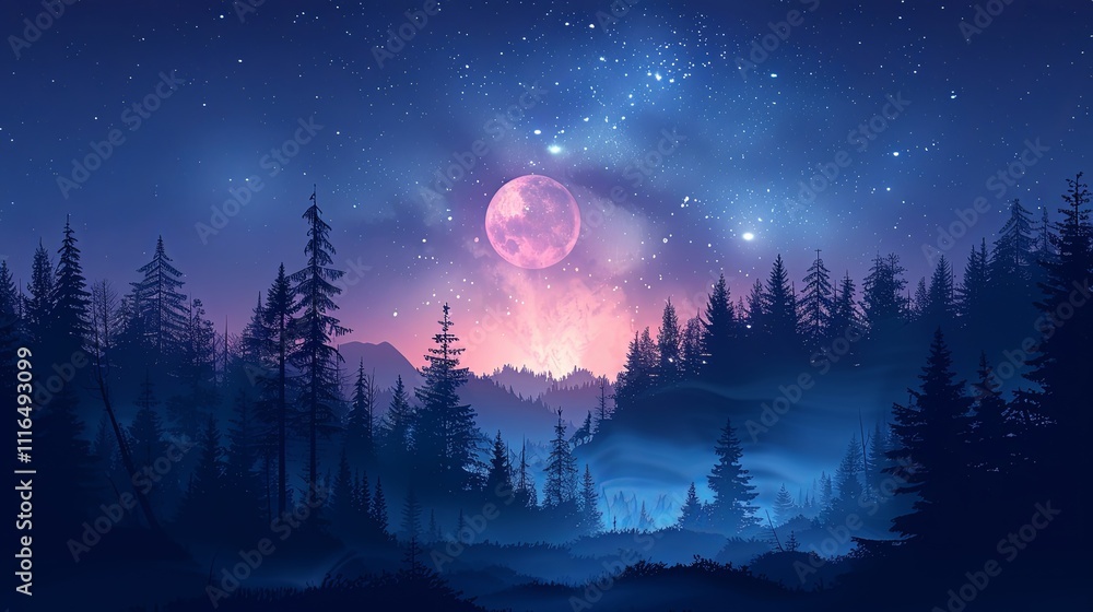 Fototapeta premium A glowing tent amidst a forest under a breathtaking starry sky and Milky Way, with warm sunset tones in the background. 