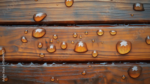 Water Droplets on Wood Showing Waterproof Treatment. Close-up view of water droplets on a wooden surface.