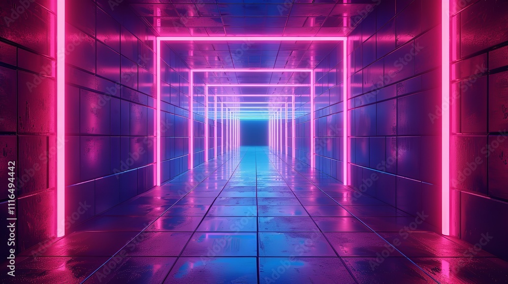 Naklejka premium Futuristic neon corridor with vibrant pink and blue lights. A perfect backdrop for sci-fi, gaming, or technology projects.