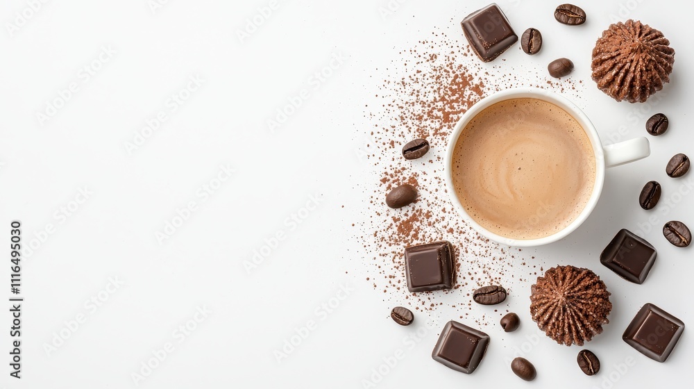 Obraz premium A Cozy Arrangement of Coffee, Chocolate, and Sweet Treats on a White Background for a Warm and Inviting Stock Photo Experience