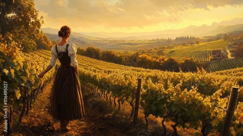 Wallpaper Mural Woman in vineyard, autumn sunset, tranquil landscape. Torontodigital.ca