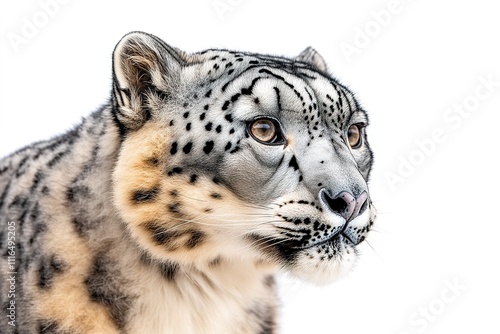 Close-up of snow leopard's face, isolated on white background