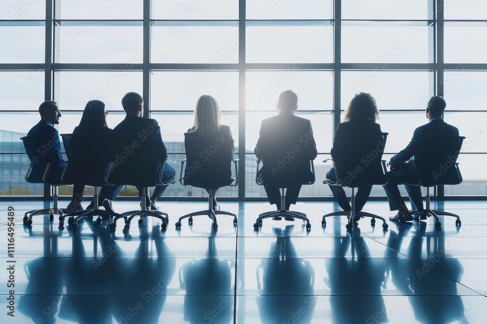 A diverse group of business professionals sits silently in rolling chairs, focused on a discussion. The large windows reveal a bright city skyline in the background. A diverse group of business professionals sits silently in rolling chairs, focused on a discussion. The large windows reveal a bright city skyline in the background.
