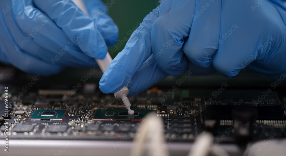Gloved hands hold thermal paste on a laptop chip, close-up. Cleaning laptop from dust, service center