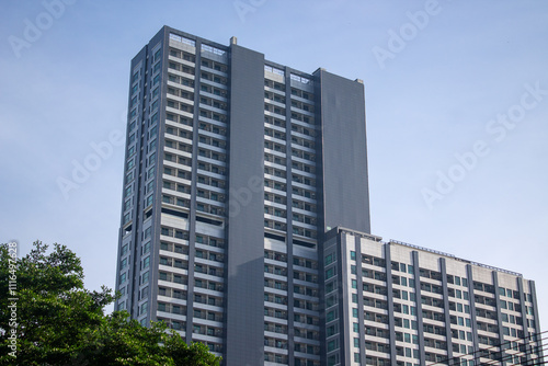 A modern skyscraper with a minimalist design, contrasting with the green of the surrounding trees.