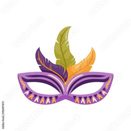 A colorful carnival mask, decorated with bright feathers, will decorate the festive celebrations of Mardi Gras. Vector illustration in flat style for sticker, postcard, design element