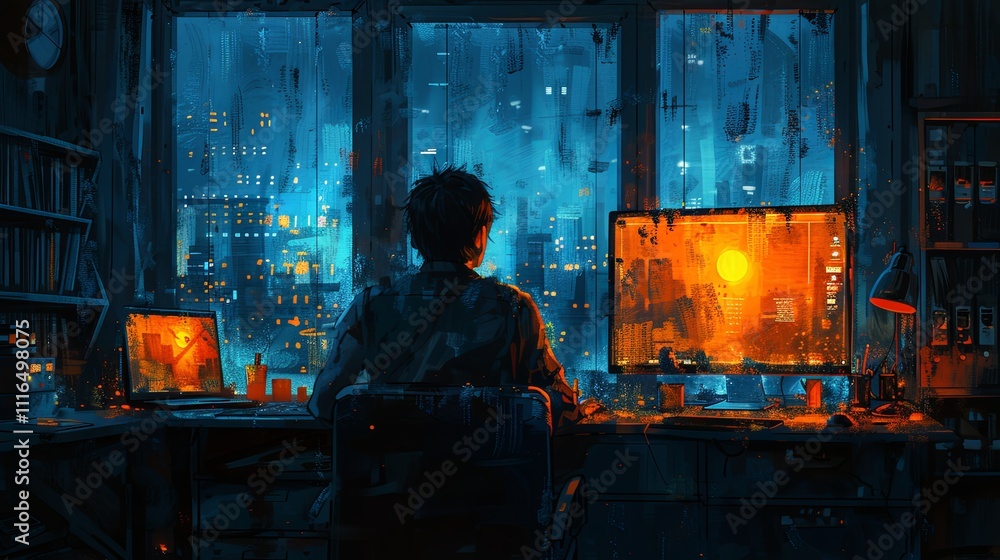 A dedicated programmer works late at night in a dimly lit office, illuminated by screens and a vibrant cityscape outside.
A dedicated programmer works late at night in a dimly lit office, illuminated by screens and a vibrant cityscape outside.