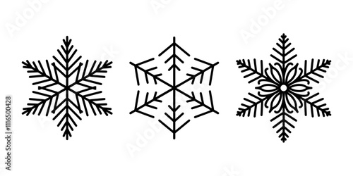 Beautiful snowflakes set, detailed hand drawn flat vector line illustration. Graphic outline drawing. Christmas and New Year symbol. Unique snowflake silhouette icon for frosty winter designs.