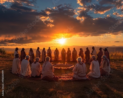 A group elders gathered in a circle, performing a sacred prayer ritual at sunset