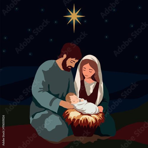 Vector freehand Christmas scene is an artistic depiction of the Nativity of Christ, including Mary, Joseph, baby Jesus isolated on a white background. Hand drawn flat graphic