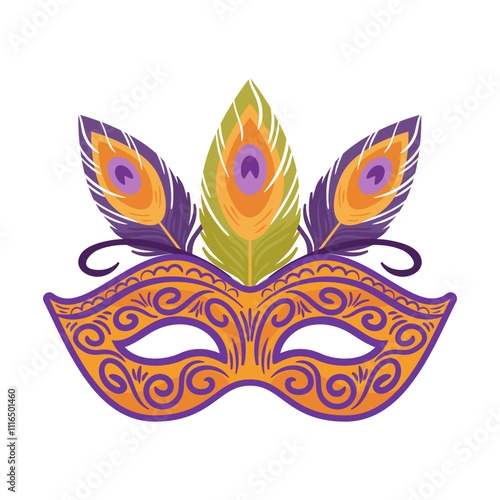 A colorful gold Venetian carnival mask adorned with colorful peacock feathers will brighten up your Mardi Gras celebration. Vector illustration in flat style for sticker, postcard, design element
