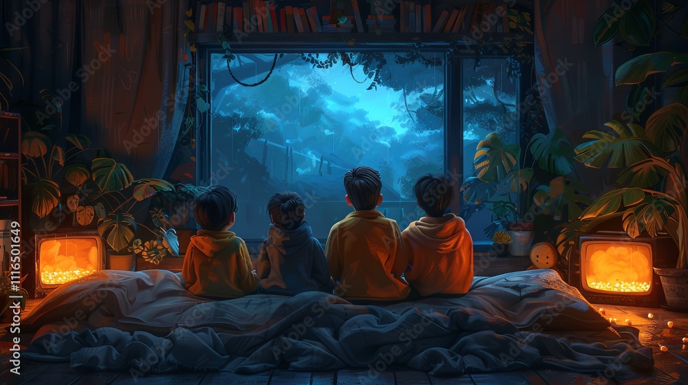 A cozy family of four enjoys a movie night in bed, illuminated by soft warm lighting, sharing a bowl of popcorn.
A cozy family of four enjoys a movie night in bed, illuminated by soft warm lighting, sharing a bowl of popcorn.