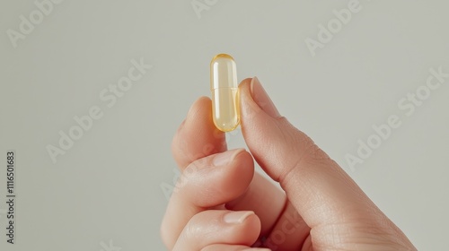 Wallpaper Mural Close-Up of a Person's Hand Holding a Soft Gel Capsule Illustrating Nutritional Supplements for Health and Wellness in a Minimalist Environment Torontodigital.ca