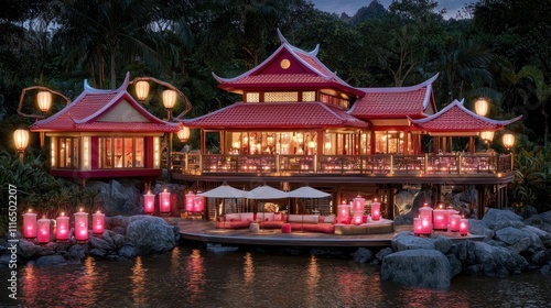 Wallpaper Mural Serene Asian Restaurant by the Lake at Night Torontodigital.ca