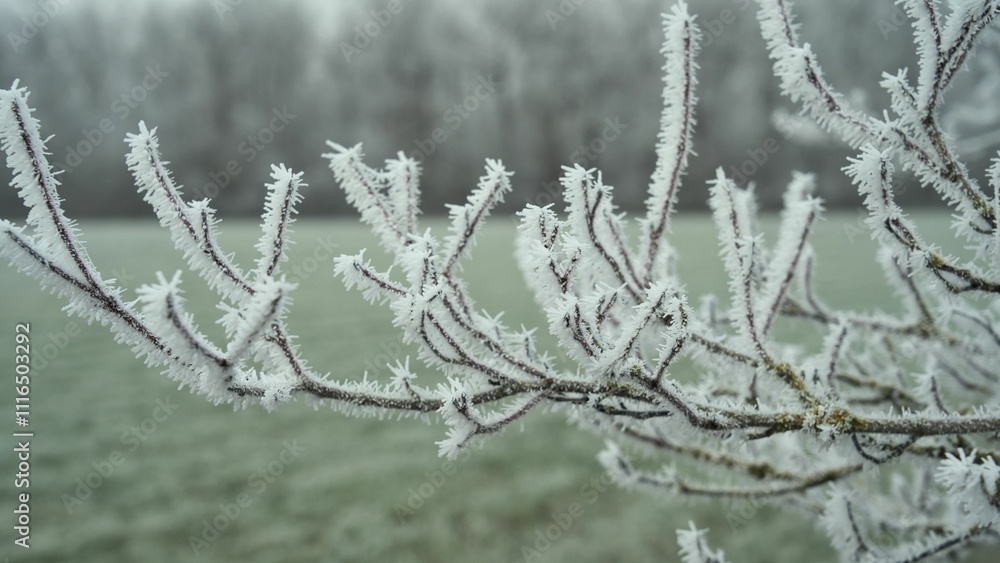 Obraz premium Winteridyll, Details von Frost, Frost und Nebel auf der Wiese. Landschaftsaufnahme mit Details von Gras, Blättern, Bäumen und Motiven an einem Wintermorgen. Ideal für Präsentationen und Zeitungen