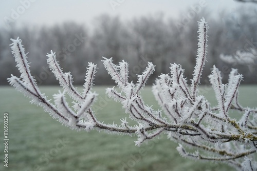 Winteridyll, Details von Frost, Frost und Nebel auf der Wiese. Landschaftsaufnahme mit Details von Gras, Blättern, Bäumen und Motiven an einem Wintermorgen. Ideal für Präsentationen und Zeitungen photo