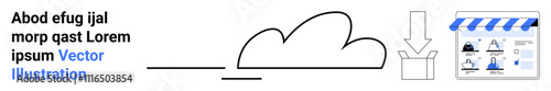 Cloud storage icon connecting to a download arrow and a storefront webpage. Ideal for cloud computing, e-commerce, digital marketing, online store setup, web hosting, data transfer, and SaaS. Landing