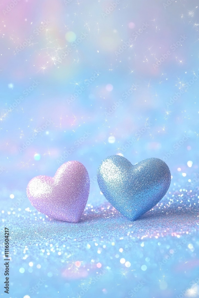 Obraz premium Pastel Love. Sparkling Romance Background., Two Valentine Hearts, Dreamy Bokeh Effect.