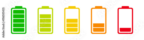 Battery icon set. Battery charge flat icons in multiple colors. low to full battery level status indicator.