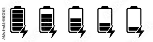 Battery icon set. Batery charge indicator. Battery charging sign and symbol. low to full battery level status indicator