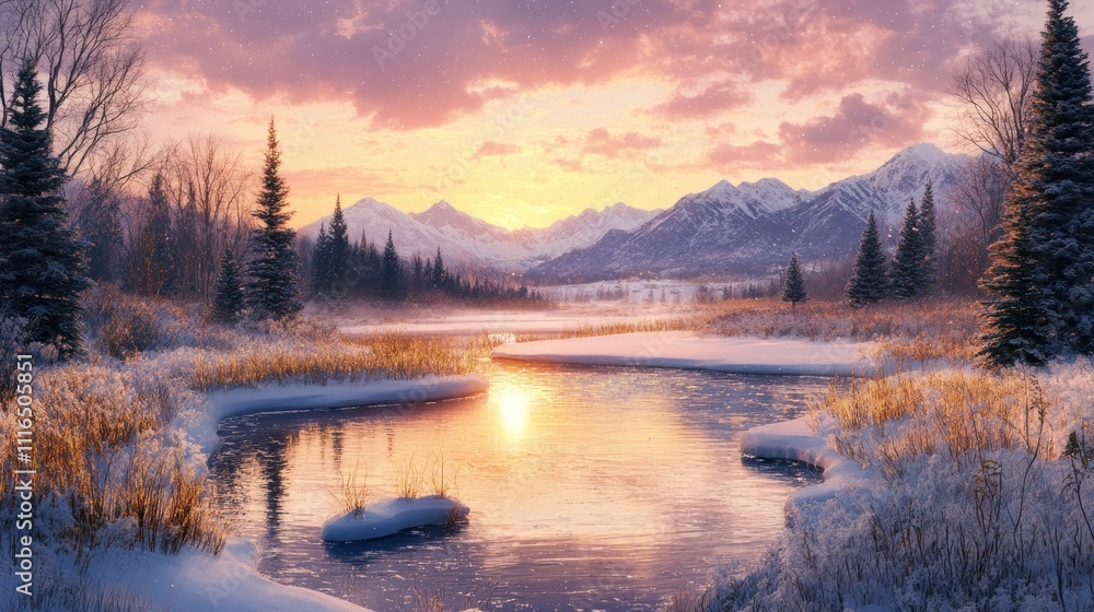 Serene winter sunset over snow-covered river and mountain range. Serene winter sunset over snow-covered river and mountain range.