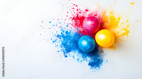 festive Holi celebration with splashes of colorful powders and water balloons, placed on a white background photo