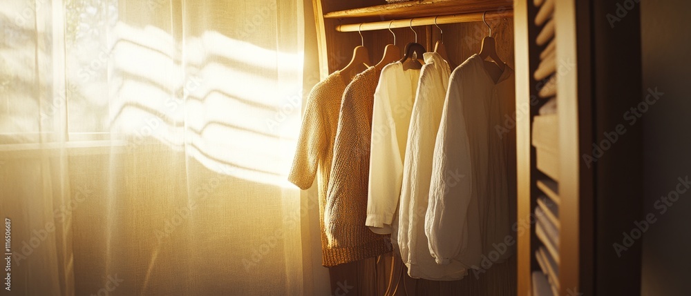 Sun-kissed sweaters hang gracefully in a closet, suggesting warmth, comfort, and effortless style. Sun-kissed sweaters hang gracefully in a closet, suggesting warmth, comfort, and effortless style.