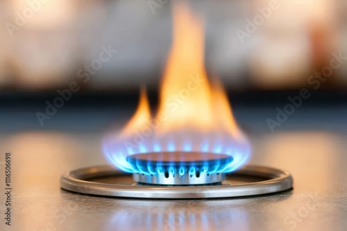 Blue and Orange Flames on a Gas Stove Burner in a Modern Kitchen. photo