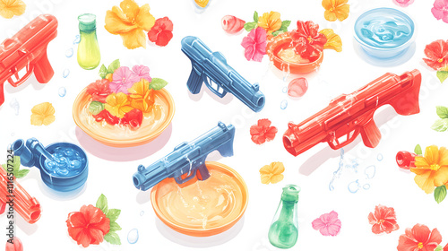 depiction of Thailand’s Songkran Festival with water guns, floral garlands, and bowls of scented water, on a seamless white background photo