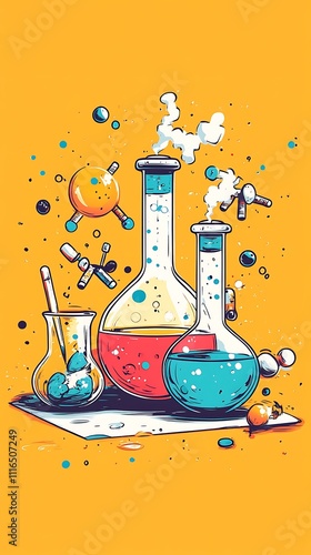 Colorful laboratory scene with beakers, bubbling liquids, and molecular structures. photo